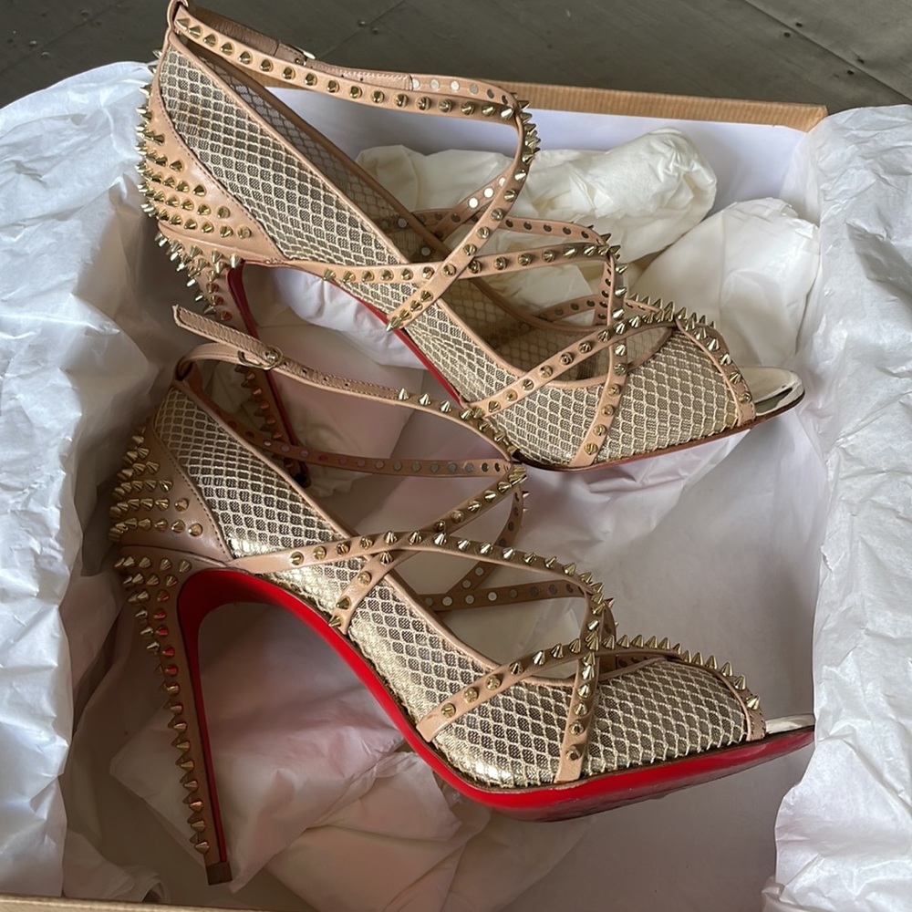 Christian Louboutin alarc 100mm beige nude light gold spike mesh stiletto 38.5 - Picture 7 of 11
